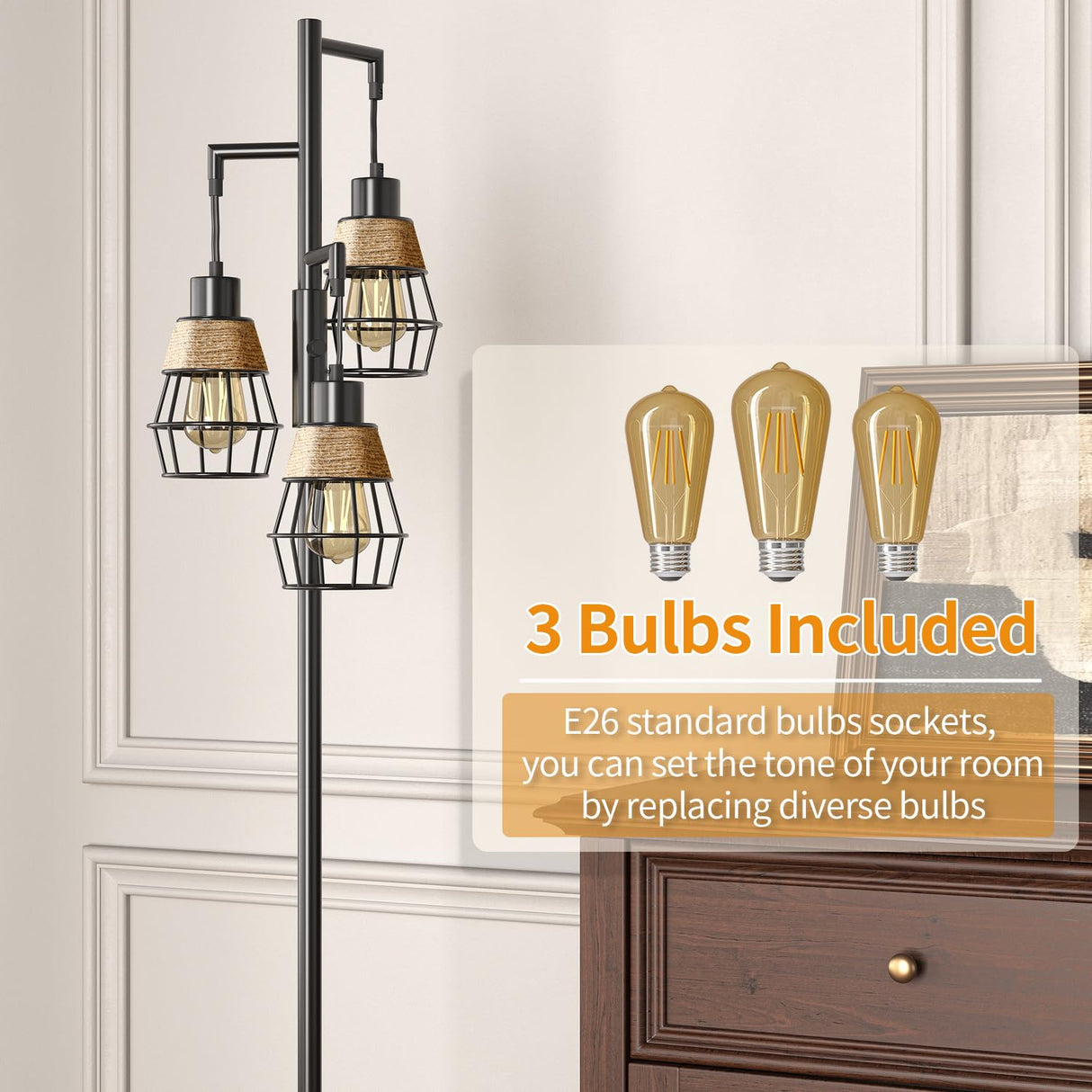 Oneach 68" Floor Lamps for Living Room, Stepless Dimmable Boho Floor Lamp with 3 Bulbs, Tall Farmhouse Industrial Corner Standing Tree Lamp for Bedroom, Office, Study Room, Dining Room, Black Oneach