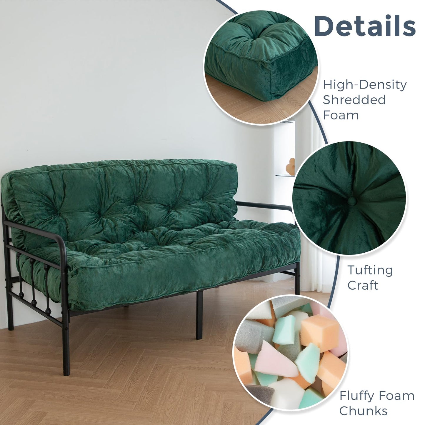 MAXYOYO 8" Futon Mattress Full Size, Extra Thick Futons Sofa Couch Bed, Velvet Floor Mattress for Adults, Shredded Foam Filling (Frame Not Included), Green