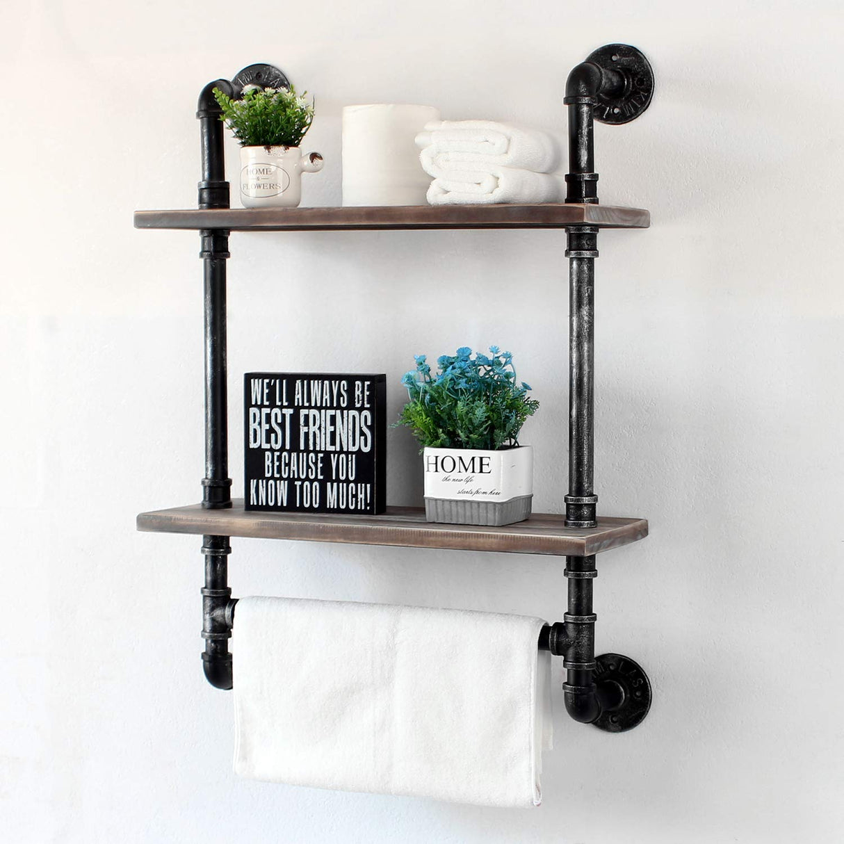 Industrial Pipe Shelf Bathroom Shelves Wall Mounted,19.6in Rustic Wood Shelf with Towel Bar,2 Tier Farmhouse Towel Rack Over Toilet,Pipe Shelving Floating Shelves Towel Holder,Retro Grey MBQQ