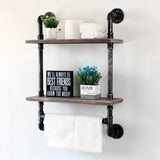 Industrial Pipe Shelf Bathroom Shelves Wall Mounted,19.6in Rustic Wood Shelf with Towel Bar,2 Tier Farmhouse Towel Rack Over Toilet,Pipe Shelving Floating Shelves Towel Holder,Retro Grey MBQQ