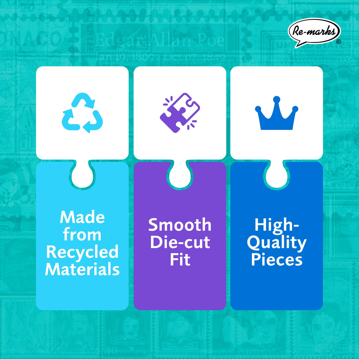 Re-marks Famous Authors Postage-Stamp Collage Puzzle, 1000 Piece Jigsaw Puzzle for All Ages Re-Marks