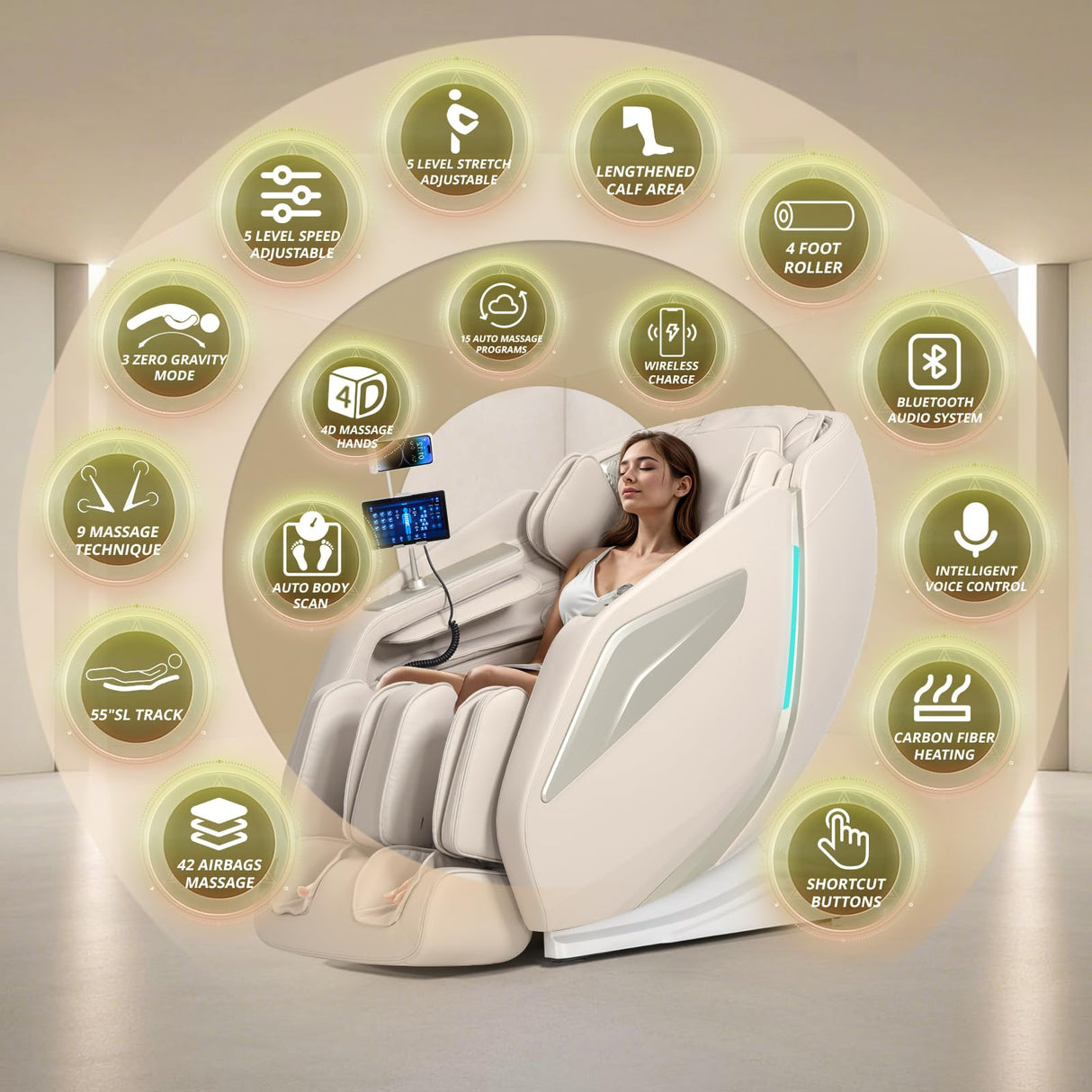HealthRelife 4D Massage Chair Full Body Zero Gravity Recliner - 55“ SL-Track,15 Auto Modes,11 Massage Technique,40 Airbags Massage,with Yoga Stretch,APP Control,Shiatsu Foot Massage(Beige) HealthRelife