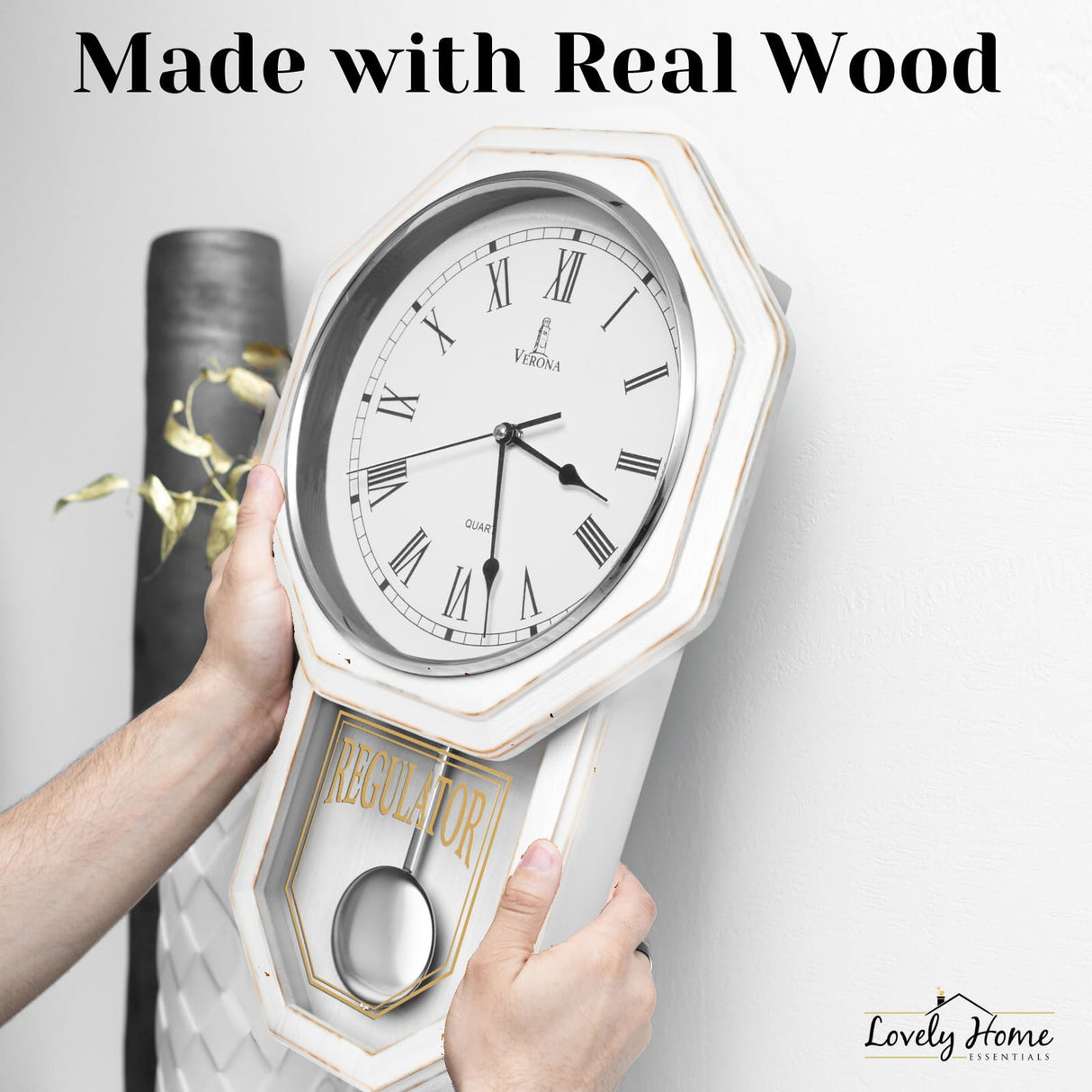 White Pendulum Wall Clock - Rustic Wooden Farmhouse Wall Clock - Regulator Clock Battery Operated - Wood Pendulum Clock - Decorative Wall Clocks for Living Room Decor, Home, Office and Gift 18x11 Lovely Home Essentials