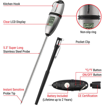 ThermoPro TP-02S Instant Read Meat Thermometer Digital Cooking Food Thermometer with Super Long Probe for Grill Candy Kitchen BBQ Smoker Oven Oil Milk Yogurt Temperature