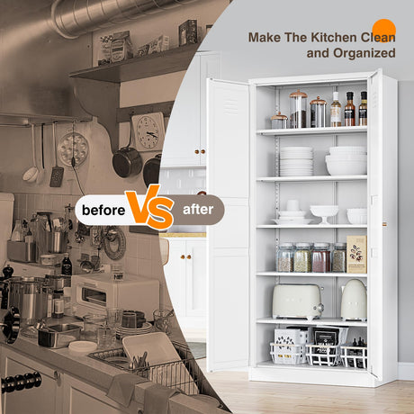 Yizosh Metal Storage Cabinet with 2 Doors and 5 Adjustable Shelves - 71" White Kitchen Pantry Storage Cabinet, 5-Tier Tall Steel Cabinet Locker for Kitchen, Living Room, Dining Room Yizosh