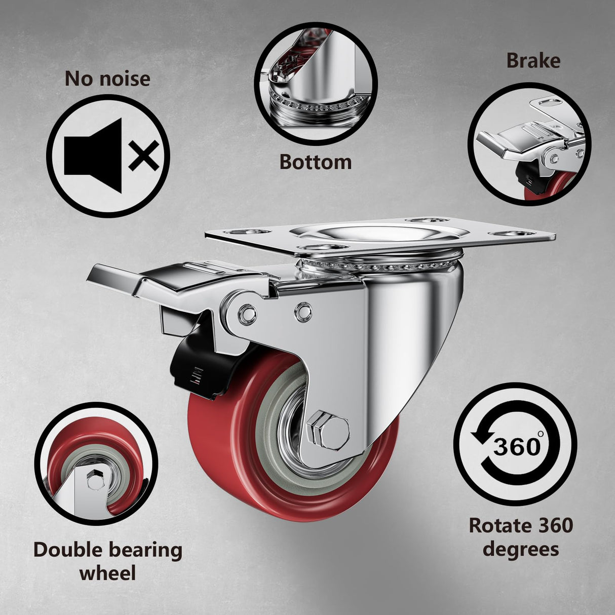 2 Inch Caster Wheels, Casters Set of 4, ASHGOOB Red Polyurethane (PU) Casters with Brake Heavy Duty, Industrial Locking Swivel Top Plate Castor Wheels for Workbench/Furniture/Cart ASHGOOB