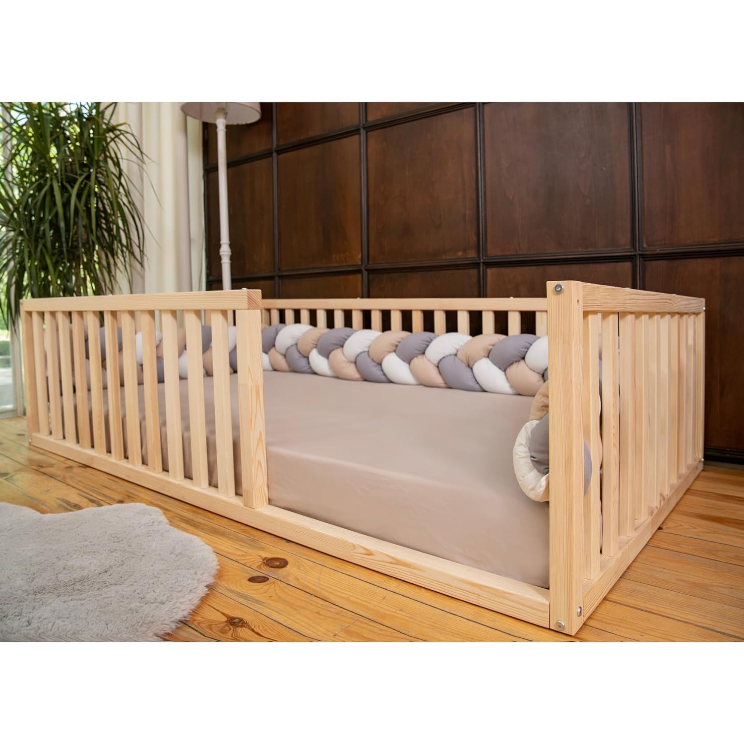 Montessori Floor Bed for Kids 52x27,5'' | Toodlers Floor Bed with Safety Guardrails | Pine Wood Baby Bed | Sturdy Wood Frame Bed for Girls and Boys (Crib, Height : 17 Inches) - WoodArtSupply