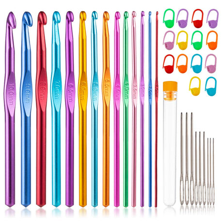 Vodiye 37 PCS Crochet Hooks Set, High Quality Coloured Aluminum Ergonomic Handle Crochet, Hook Needles for Arthritic Hands, with Stitch Markers and Large-Eye Blunt Needles Vodiye
