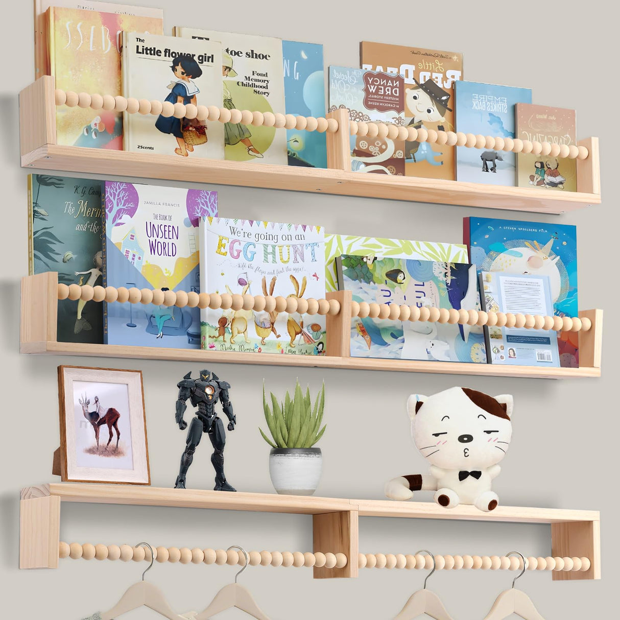 birola Nursery Book Shelves for Kids Rooms - 32 Inches Floating Wall Bookshelves Set of 3, Space-Saving Nursery Shelves with Beads Design for Kids Room, Bedroom and Study Room(Natural) birola