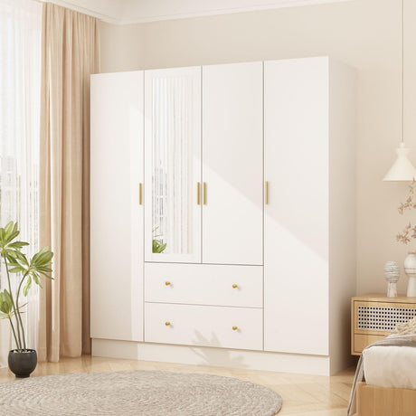 MOUMON 4 Door Wardrobe Armoire Closet with Mirror Door & Shelves, Armoire Wardrobe Closet with 2 Hanging Rods, Armoires and Wardrobes with 2 Drawers, White (63”W x 19.7”D x 70.9”H) MOUMON