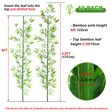 HOUSESET 4ft / 6ft Artificial Bamboo Tree 10 Pack, Fake Bamboo Plant with Encrypted Silk Leaves for Garden Yard Indoor Outdoor Decor, Privacy Waterproof Faux Plants HOUSESET