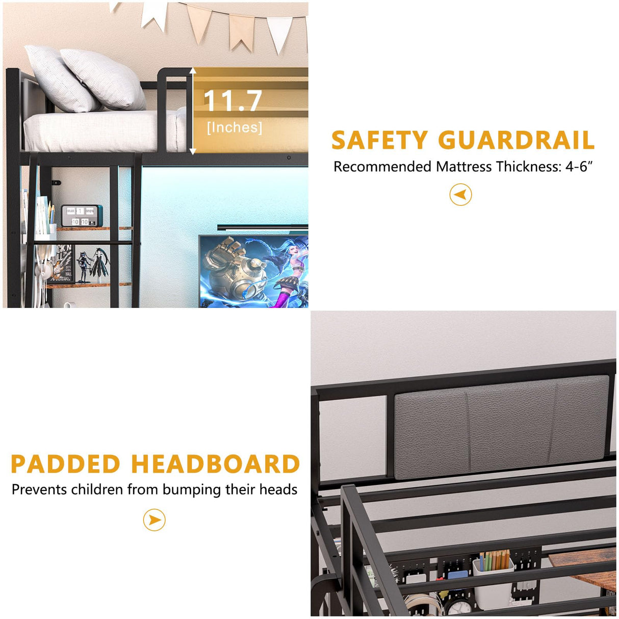 YOEEMZ Loft Bed Twin Size with L-Shaped Desk, LED Lights, Charging Station, Metal Loft Bed Frame with Storage Shelves, Pegboards and 3 Drawers, High Safety Guard, Widened Ladder, No Box Spring Needed YOEEMZ