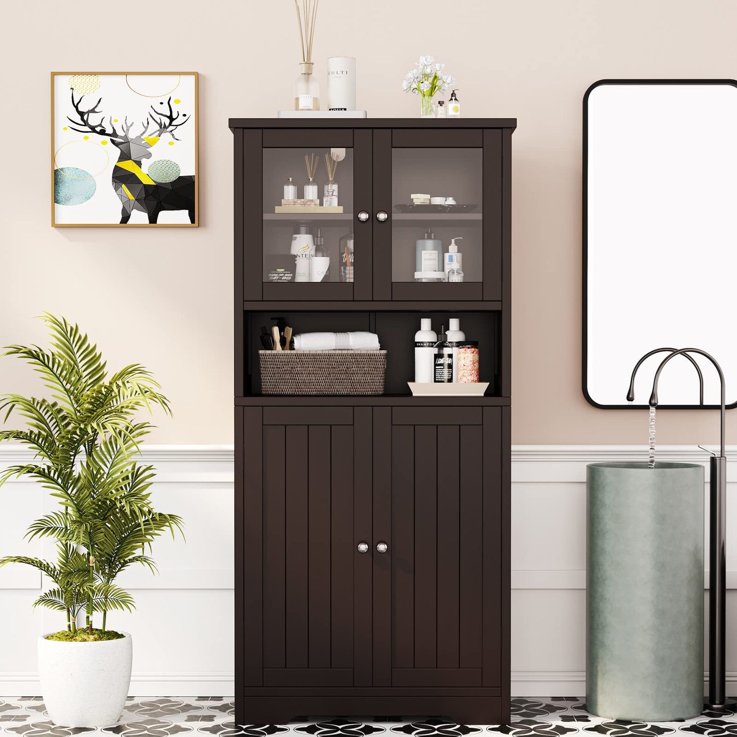 Irontar Bathroom Cabinet, Bathroom Floor Cabinet with Open Shelf, Display Storage with Doors, Kitchen Cupboard, Storage Cabinet for Living Room, 23.6 x 11.8 x 50.4 Inches, Brown CWG006Z