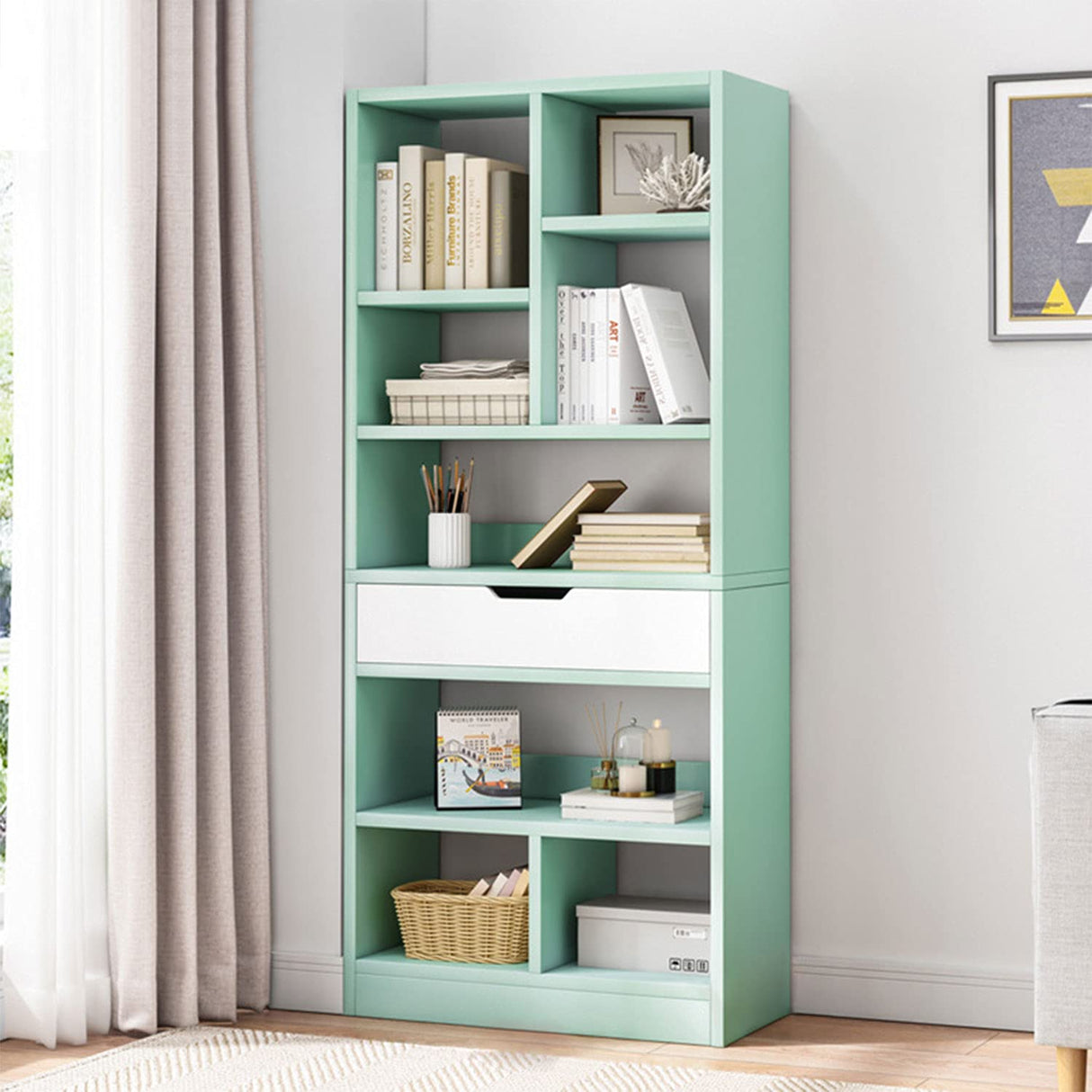 IOTXY Wooden Open Shelf Bookcase - 61 Inches Height Freestanding Display Storage Cabinet Organizer with 8 Cubes and a Drawer, Floor Standing Bookshelf in Tiffany-Green IOTXY