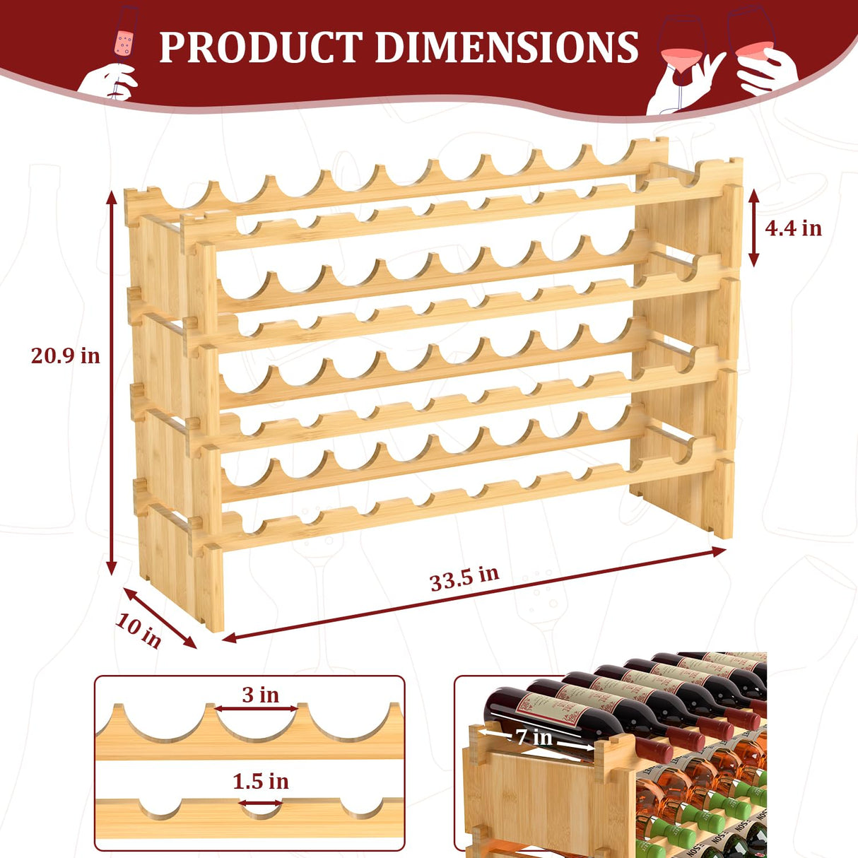 Domax Wine Rack Freestanding Floor - 36 Wine Bottle Holder, Large Stackable Wooden Storage Racks for Inside Cabinet and Countertop (Yellow) Domax