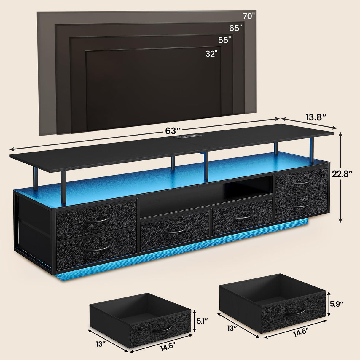 BTHFST TV Stand for 65 70 Inches TV with LED Lights & Power Outlets, Entertainment Center with Open Shelves & 6 PU Fabric Drawers, TV Media Console Table for Living Room, Bedroom, Black BTHFST