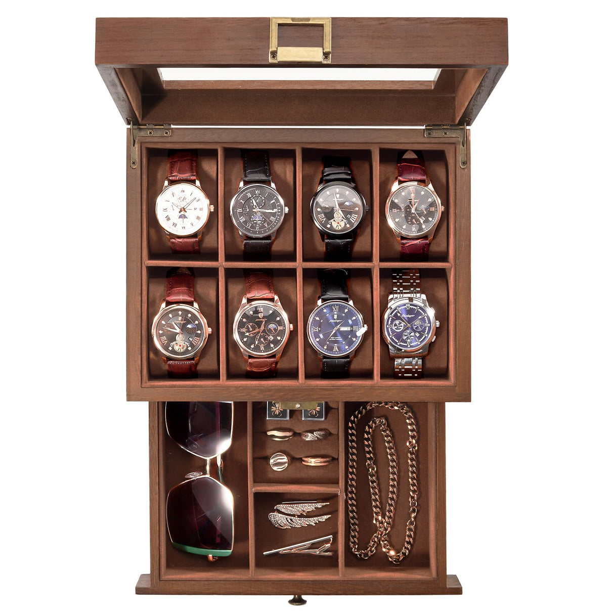 ProCase Wooden Watch Case for Men, 8 Slot Mens Watch Box With Drawer, 2-Layer Watch Display Case, 8 Watch Holder Organizer, Jewelry and Watch Storage Organizer for Men Women -8 Slot, Brown ProCase