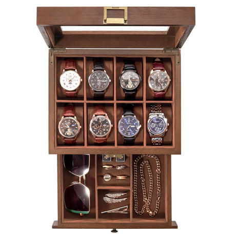 ProCase Wooden Watch Case for Men, 8 Slot Mens Watch Box With Drawer, 2-Layer Watch Display Case, 8 Watch Holder Organizer, Jewelry and Watch Storage Organizer for Men Women -8 Slot, Brown ProCase