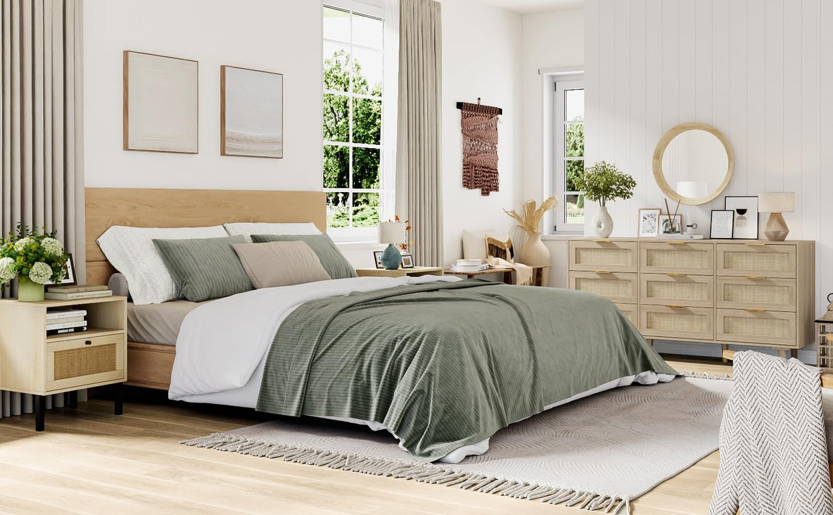 Angel Sar 59'' Boho 9 Drawer Dresser for Bedroom, Modern Rattan Dresser with Golden Handles, Sturdy Wood Legs & Anti-Tipping Design, Wood Closet Organizer Storage Cabinet with 9 Drawers Angel Sar