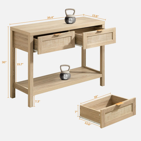 SICOTAS Boho Rattan Console Table with Storage – Light Oak Entryway Table with Drawers and 2-Tier Shelf SICOTAS