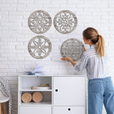 Yulejo 4 Pcs Thicken Rustic Wall Decor Farmhouse Wall Art Wooden Hollow Carved Design Decor Rustic Round Wall Art for Living Room Bedroom Hallway Decor Kitchen Wall (Retro White,9.8 x 9.8 Inch) Yulejo