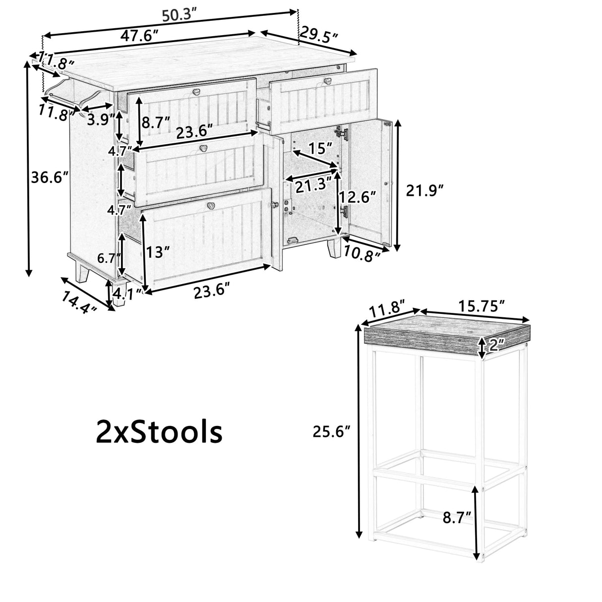 Bellemave 3 Piece Kitchen Bar Table Set Kitchen Island Set with 2 Stools and Drop Leaf, Island Table Set with Seating, Storage Cabinet, Drawers and Towel Rack (Black) Bellemave