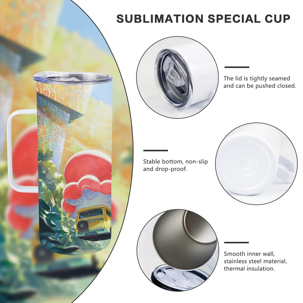 MAIKESUB 4 Pcs Sublimation Blank Skinny Tumbler 16 OZ White Mugs with Handle and Straw Double Wall Stainless Steel Coffee Travel Straight Mug with Sliding Lid MAIKESUB