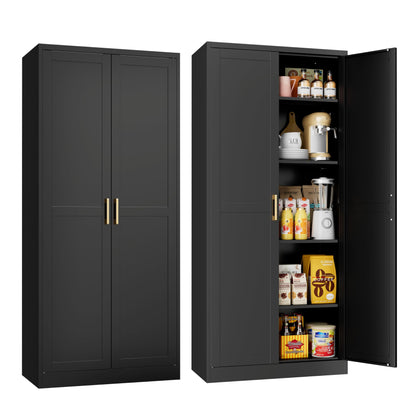 71" Tall Kitchen Storage Cabinet with Gold Handles, Metal Pantry Cabinets with 2 Doors, Food Pantry, Adjustable Shelves, Black Freestanding Pantry Cupboard for Dining Room, Kitchen -Assembly  - WoodArtSupply