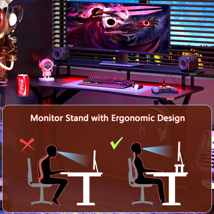 HEEYUE Gaming Desk with Power Outlets & LED Strip Lights,Computer Desk with Large Monitor Stand, Gamer Workstation with Stylish Metal Legs,Headphone Hook&Cup Holder for Home Office - WoodArtSupply