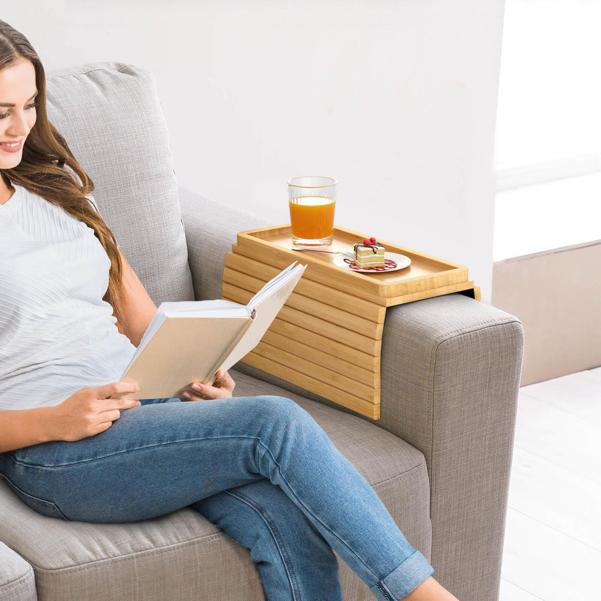 Bamboo Sofa Arm Tray Table - Couch Arm Tray with Extra Removable Tray, Anti-Slip Sofa Armrest Tray, Large Couch Cup Holder Tray for Phone, Cups, Remote, Flexible and Foldable xinyoec