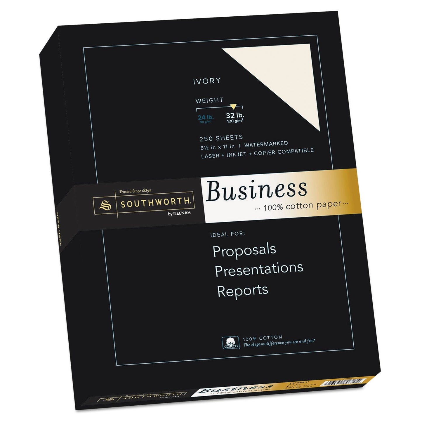 Southworth® 100% Cotton Business Paper, 8 1/2" x 11", 32 Lb, Ivory, Box of 250