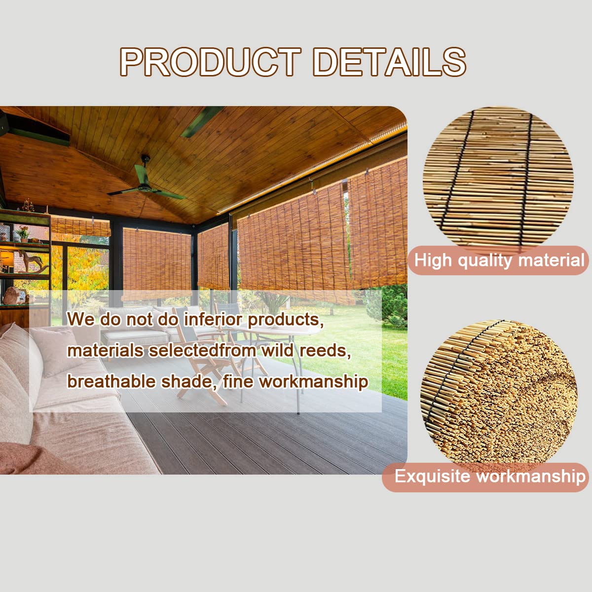 Outdoor Bamboo Roller Shades for Patio Roll Up Shade Waterproof Reed Roller Blinds Shade with Lift,Porch Privacy Translucent Roller Blinds,Waterproof Anti-UV Breathable Reed Curtains,Easy to Install