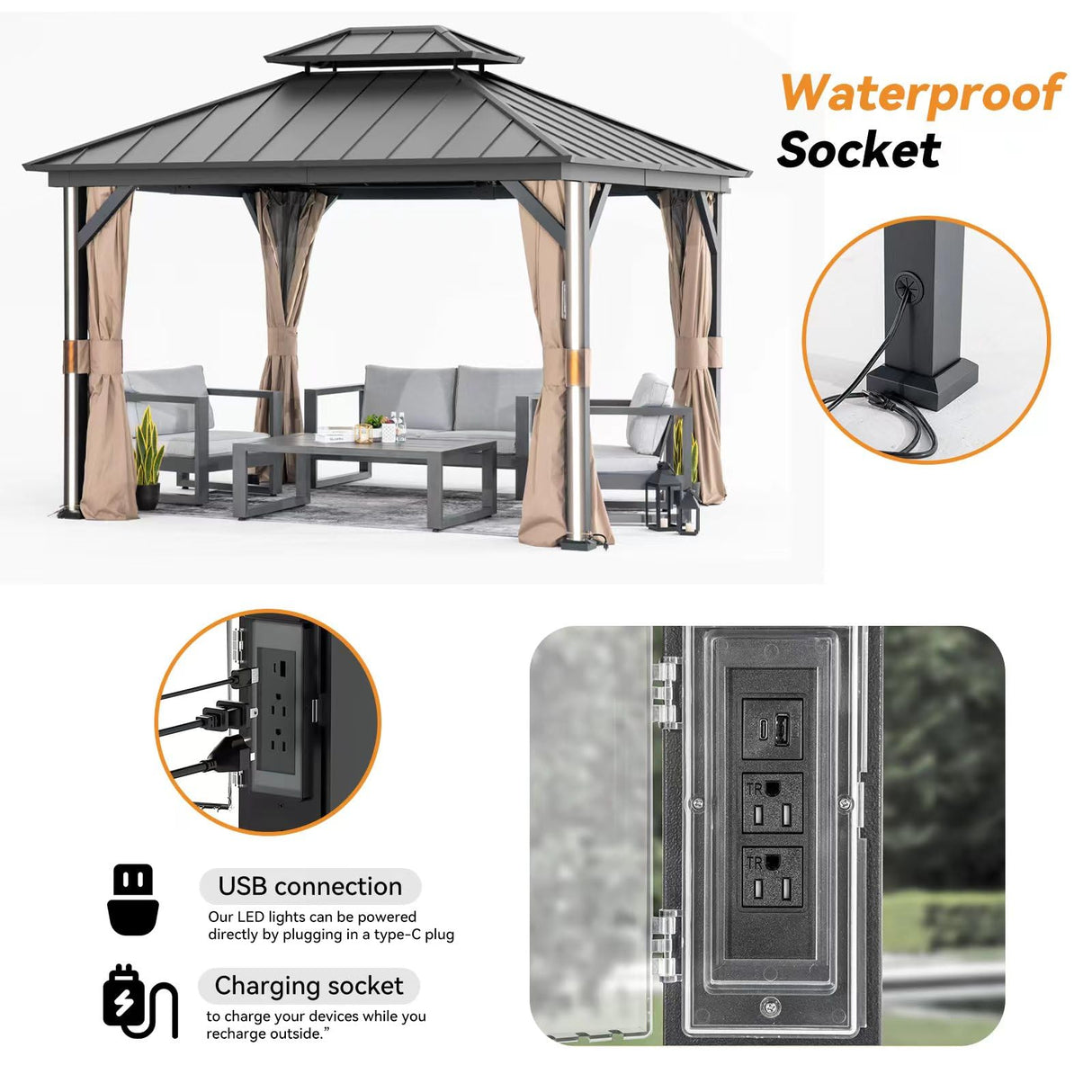 Modern Shade 10' x 12' Hardtop Gazebo with Galvanized Steel Roof, Aluminum Frame, Mosquito Netting, Curtains, 4 LED Lights, USB & USB-C Charging Port Permanent Outdoor Pavilion for Backyard Patio Modern Shade Outdoor Living Spaces