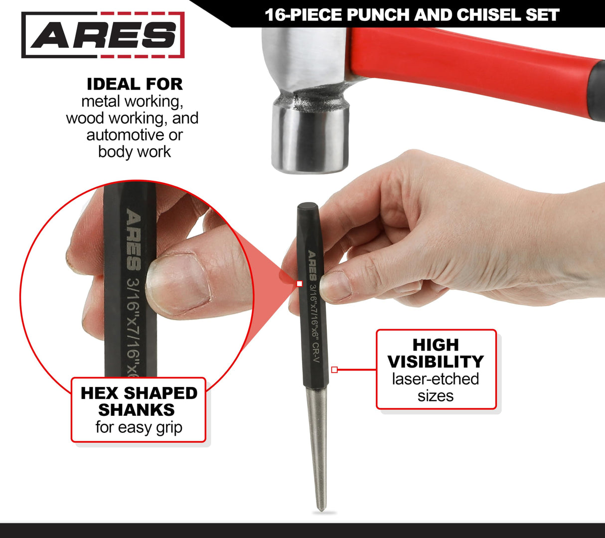 ARES 50005-16-Piece Punch and Chisel Set – Tapered Punches, Pin Punches, Center Punches, and Cold Chisels for Various Applications ARES