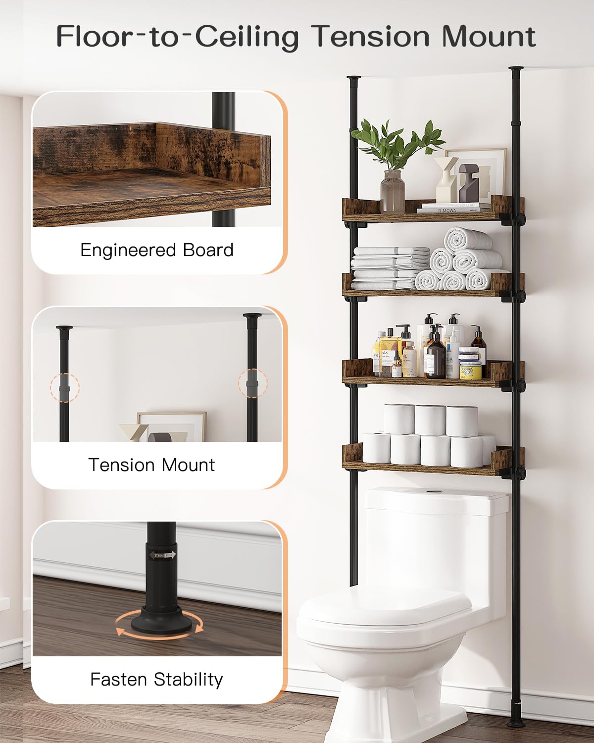 ALLZONE Bathroom Organizer, Over The Toilet Storage, 4-Tier Adjustable Wood Shelves for Small Rooms, Saver Space Rack, 92 to 116 Inch Tall, Narrow Cabinet, Rustic Brown