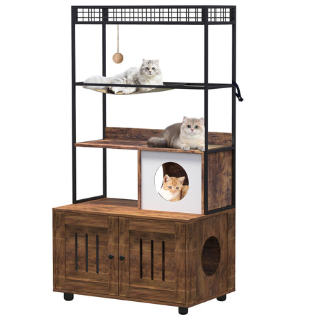 Curtainboro Cat Tree with Litter Box Enclosure, 60'' Wooden Cat House with Storage Shelf, Sisal Hammock, Condo and Play Ball, Hidden Kitty Litter Box Cabinet, Reversible Entrance Curtainboro