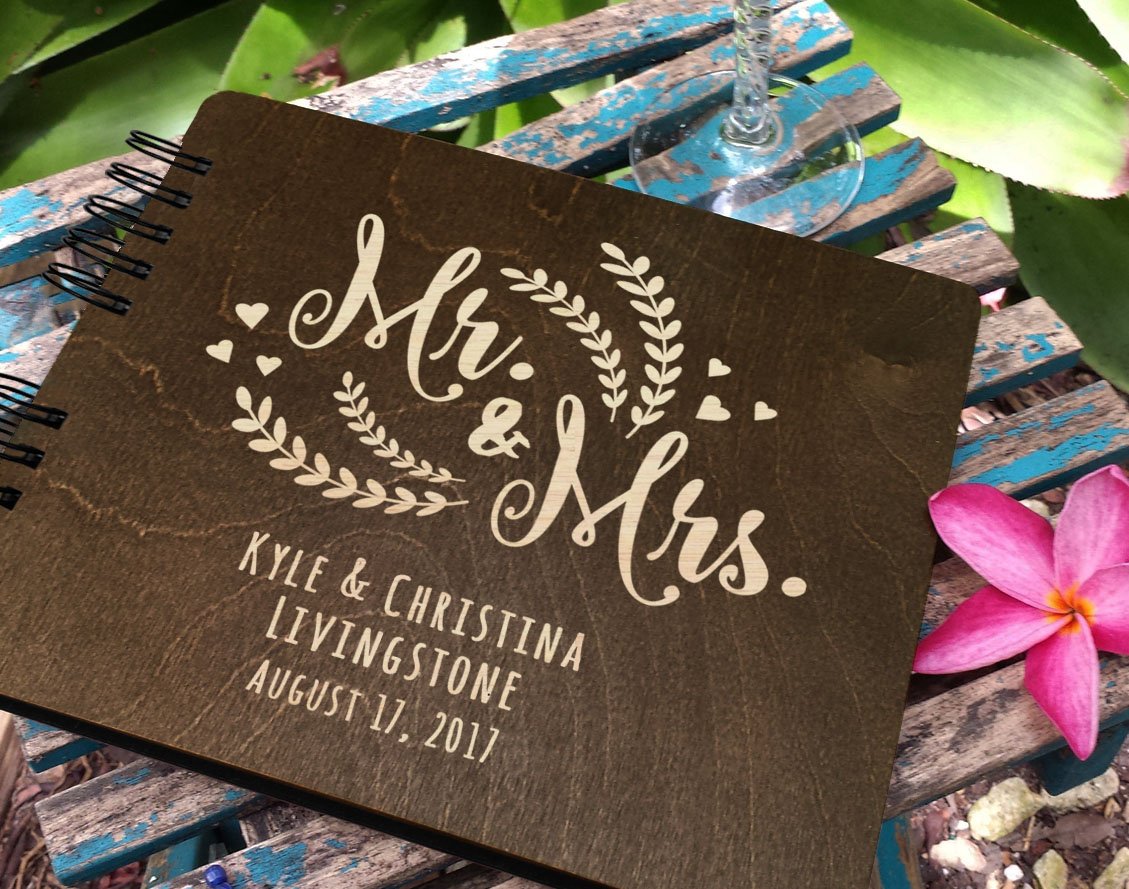 Personalized Wedding Guest Book Mr Mrs Wooden Rustic Vintage Bridal Black Mahogany Oak or Cocoa Unique Wood Hardcover Finish Options