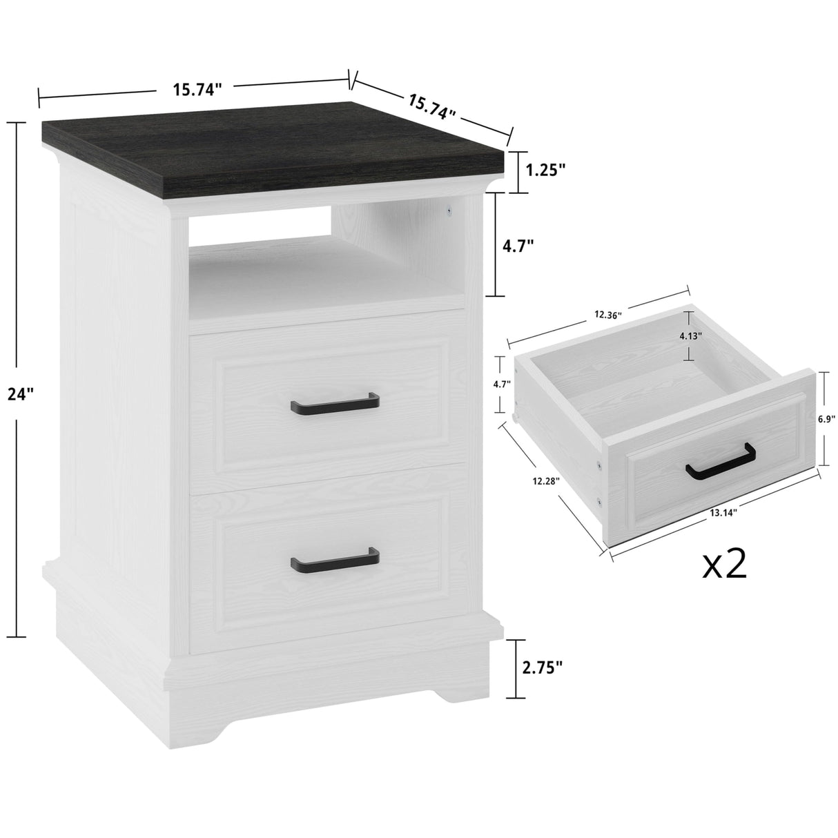 LIKIMIO Farmhouse Nightstand with Storage Drawers and Open Shelf, Small End Tables Living Room, Rustic Wood Side Tables for Bedroom, Roman Column Design, White LIKIMIO