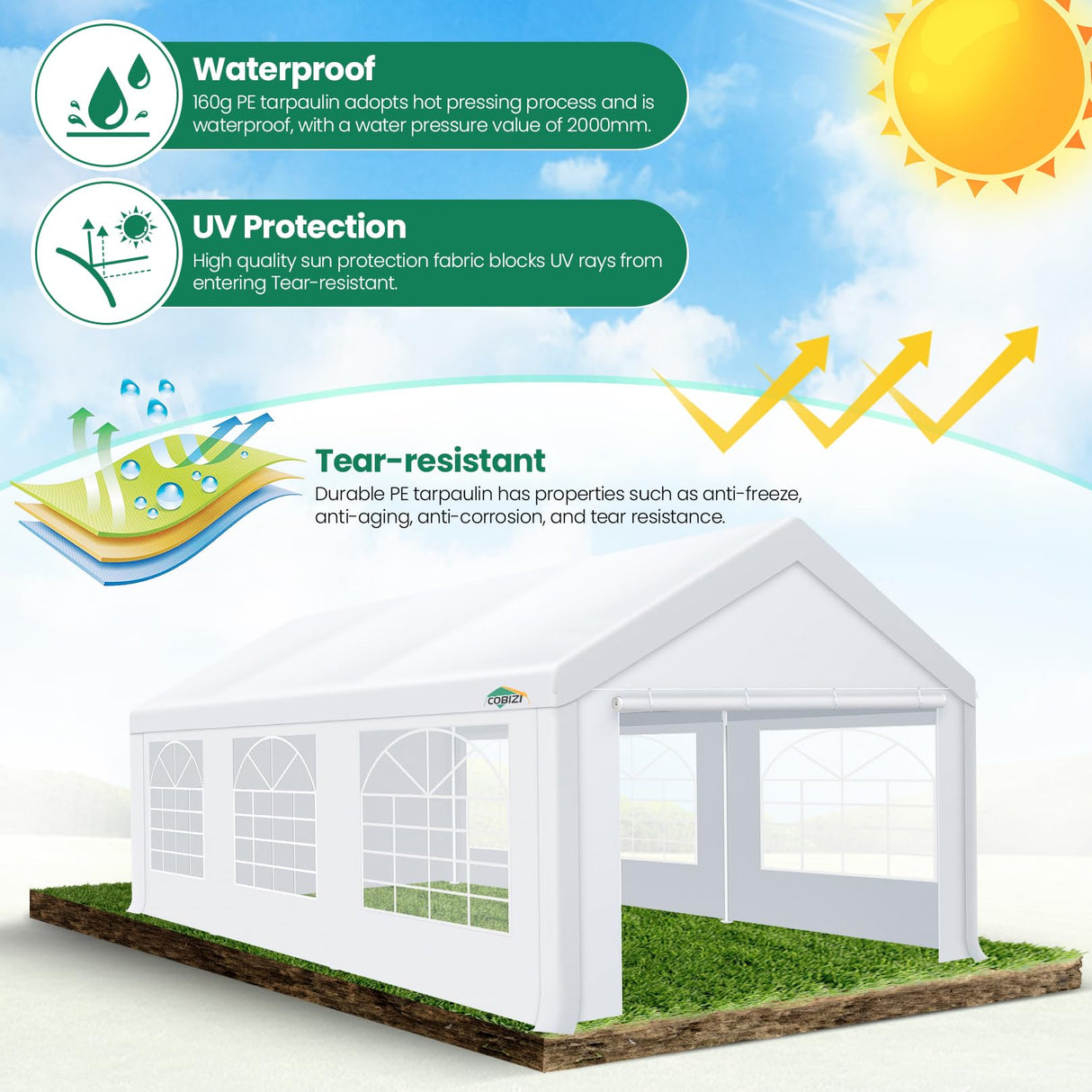 COBIZI 10x20 Party Tent Heavy Duty, 10x20 Canopy with Removable Sidewalls & 4 Built-in Sandbag, Commercial Wedding Large Tent, UV 50+, Waterproof, White COBIZI
