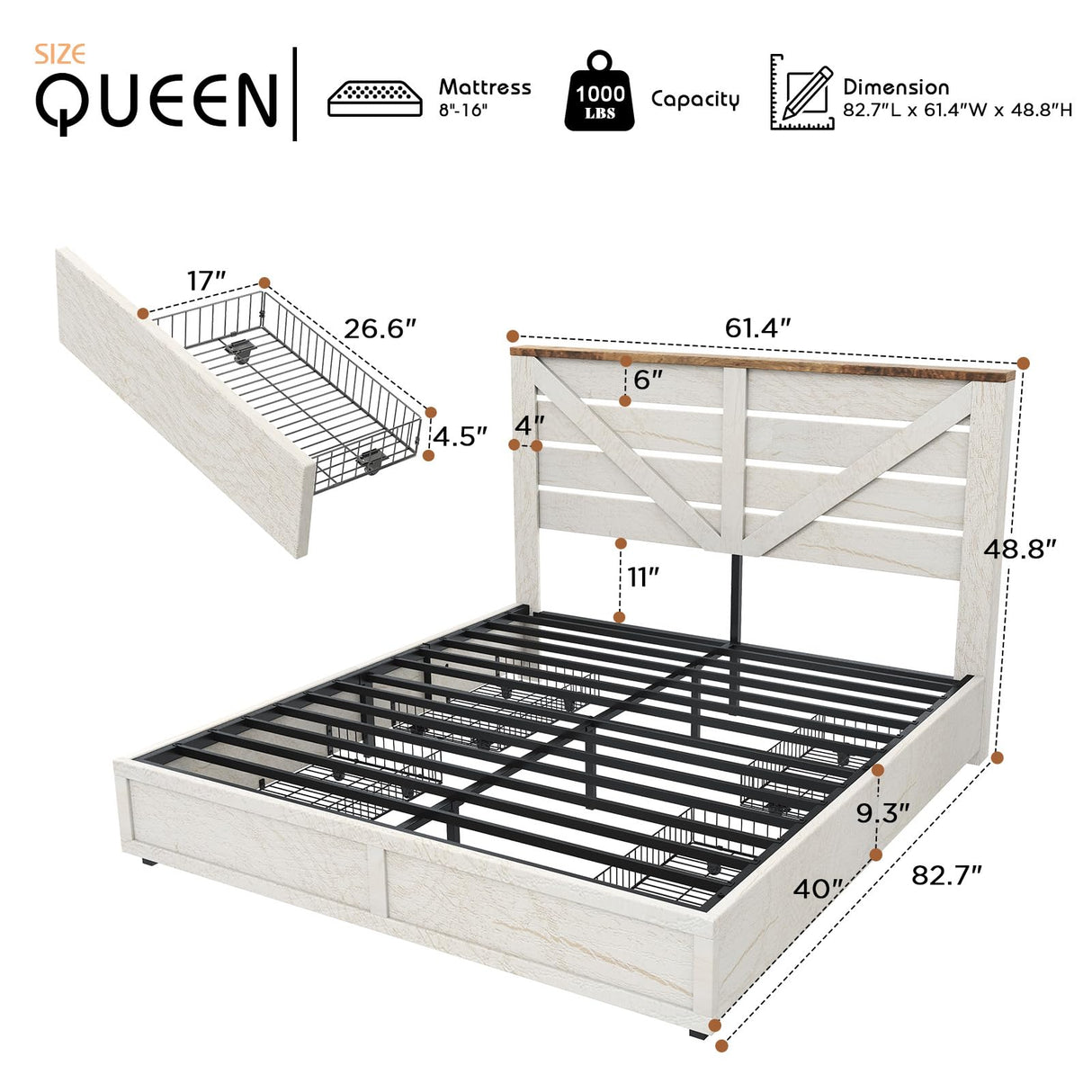 LUXOAK 48.8" H Queen Size Bed Frame with 4 Storage Drawers, Farmhouse Platform Bed with Barn Door Headboard, Rustic Wood Grain, No Box Spring Needed, Rustic White LUXOAK