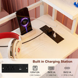 IKIFLY Metal Twin Loft Bed with Desk and Storage Shelves, LED Lights & Charging Station, Loft Bed Frame with 13.4” Guardrail and Ladder, Large Fabric Basket, Clothes Rail, No Box Spring Needed, White IKIFLY