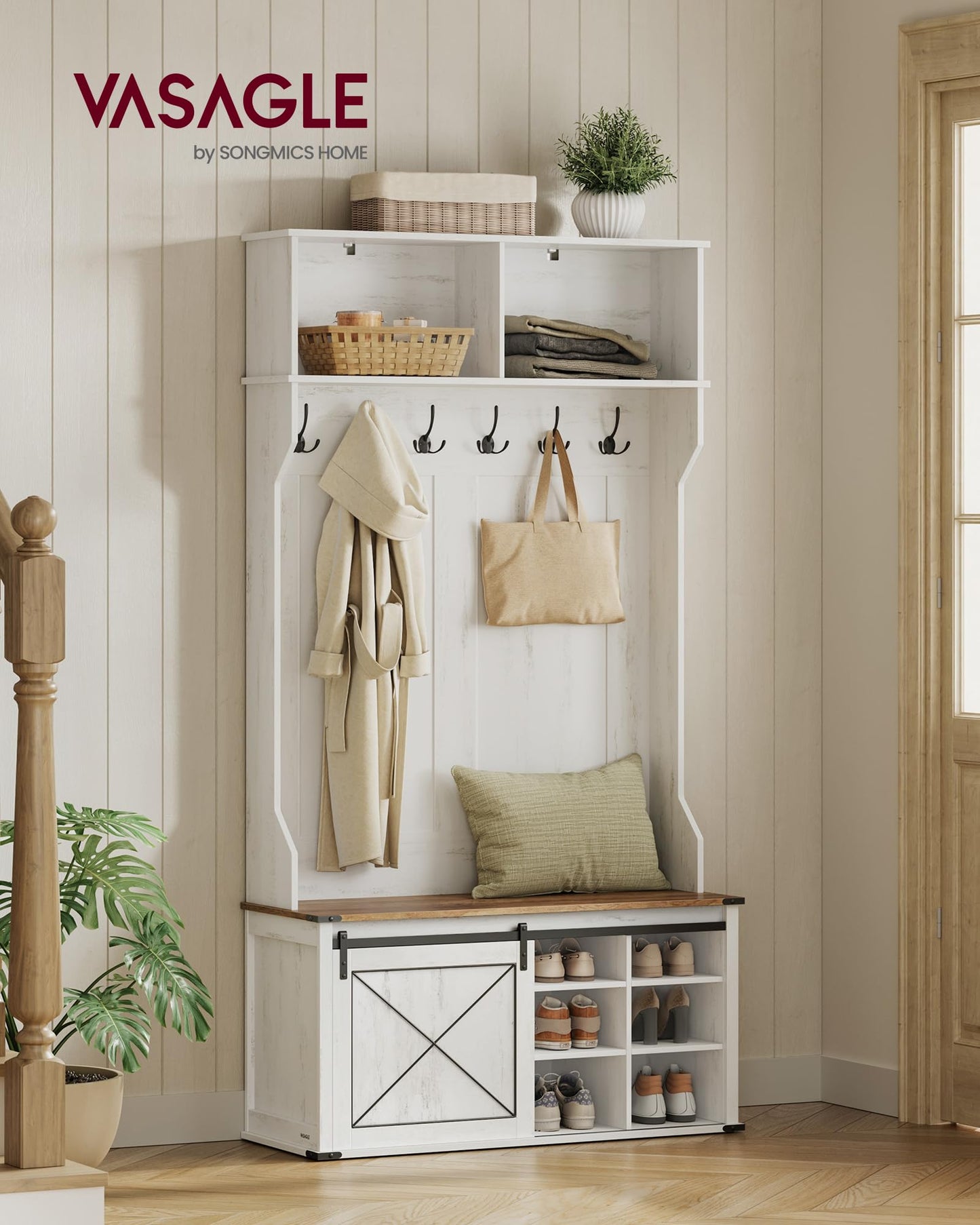 VASAGLE Hall Tree with Bench and Shoe Storage, Coat Rack with Shoe Bench, Entryway Furniture, 6 Tri-Hooks, Sliding Door, Farmfouse Style, Space Saving, Rustic White and Honey Brown UHSR442W01