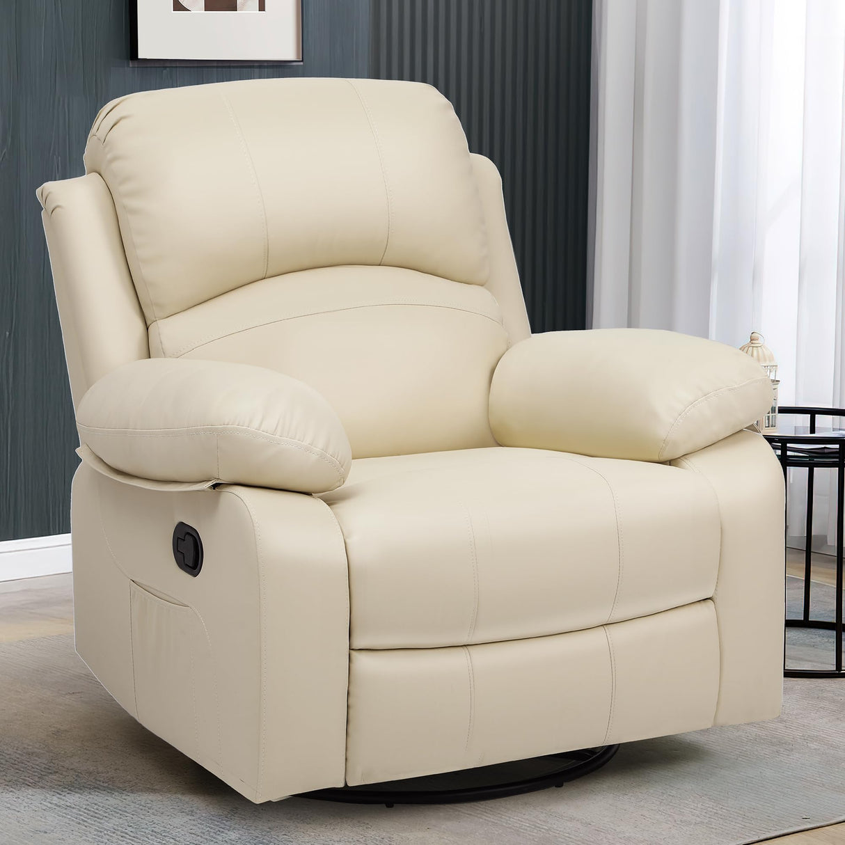 YITAHOME Rocker Recliner Chair with Heat & Massage, Faux Leather Recliner with Overstuffed Armrest, 360° Swivel, Manual Reclining, Rocking Function & Side Pocket for Living Room,Beige YITAHOME