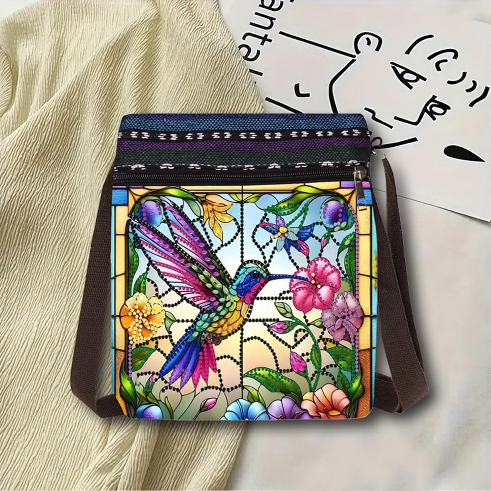 Poetrydraw 5D DIY Diamond Art Painting Canvas Crossbody Bag Hummingbird Flower for Adults Diamond Art Purses Diamond Art Kits with Zipper Adjustable Shoulder Strap for Shopping (Black-02) WoodArtSupply