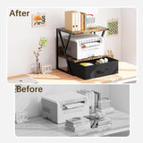 aboxoo Printer Stand for Desk with Storage Drawer, 2 Tier Desktop Or Under Desk Shelf, Multi-Purpose Desk Organizer for Home Office, fit Fax Machine/3D Printer/Scanner, Rustic Brown aboxoo