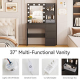 Vabches Makeup Vanity with Lights, 37inch Vanity Desk, 4 Large Drawers Dresser with Lighted Mirror, 3 Lighting Modes Brightness Adjustable, Black Vabches
