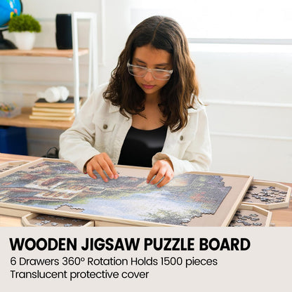 ITEFDTUTNE Rotating Jigsaw Puzzle Board with 6 Drawers and Cover, 35 "x 26" Wooden Puzzle Table for Puzzle Storage and Sorting, Portable Puzzle Enlightenment Board for Adults and Kids - 1500 Piece