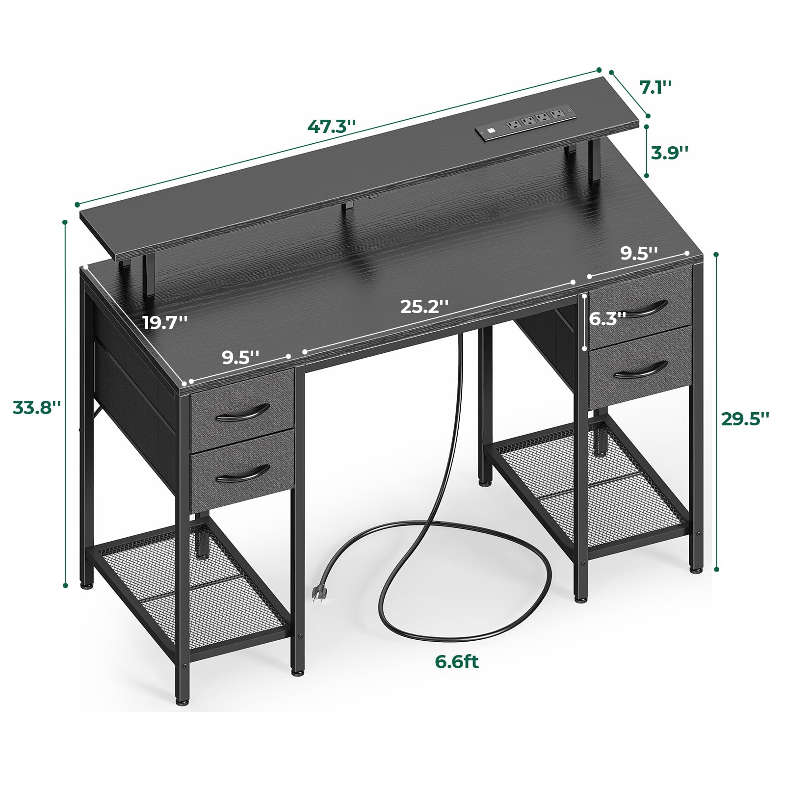 Huuger 47 inch Computer Desk with 4 Drawers, Gaming Desk with LED Lights & Power Outlets, Home Office Desk with Large Storage Space for Bedroom, Work from Home, Black - WoodArtSupply