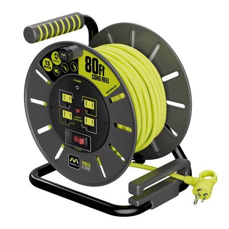 Masterplug 80ft Cord Reel, Retractable Extension Lead with Winding Handle, Safety Overload Circuit Breaker and Power Switch, 4X Grounded Outlets, 13amps, 14AWG Cable Masterplug