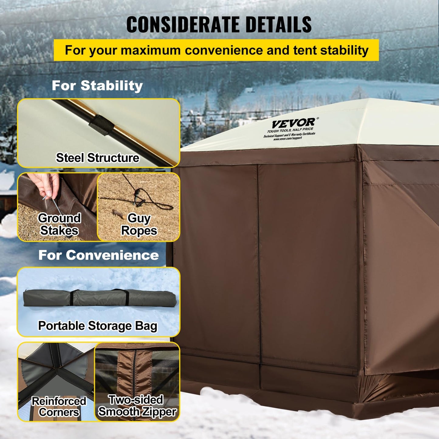 VEVOR Pop-Up Gazebo Screen Tent, 12 x 12 Ft 6-Sided Camping Gazebo Instant Canopy Sun Shelter with 6 Removable Privacy Wind Cloths, Mosquito Netting, 300D Oxford Cloth for Patio, Backyard, Lawn